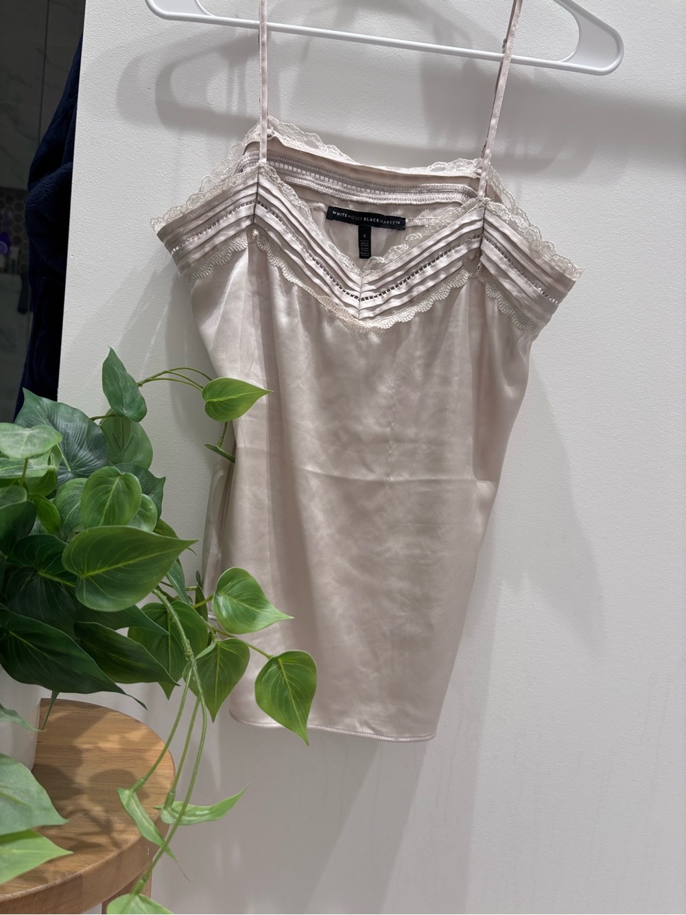 White House Black Market Satin Lace-Trim Cami in Blush Taupe